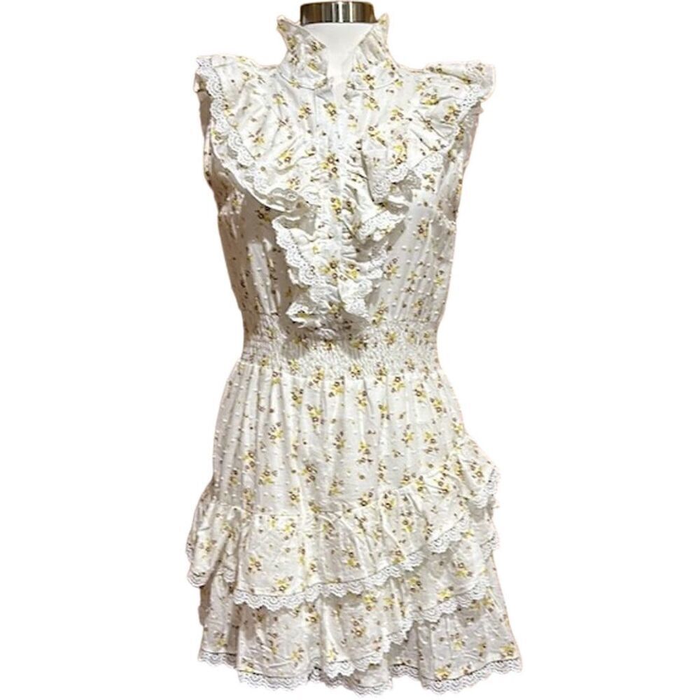 The Shirt Rochelle Behrens White Floral Sleeveless Ruffle Dress Size M - EUC